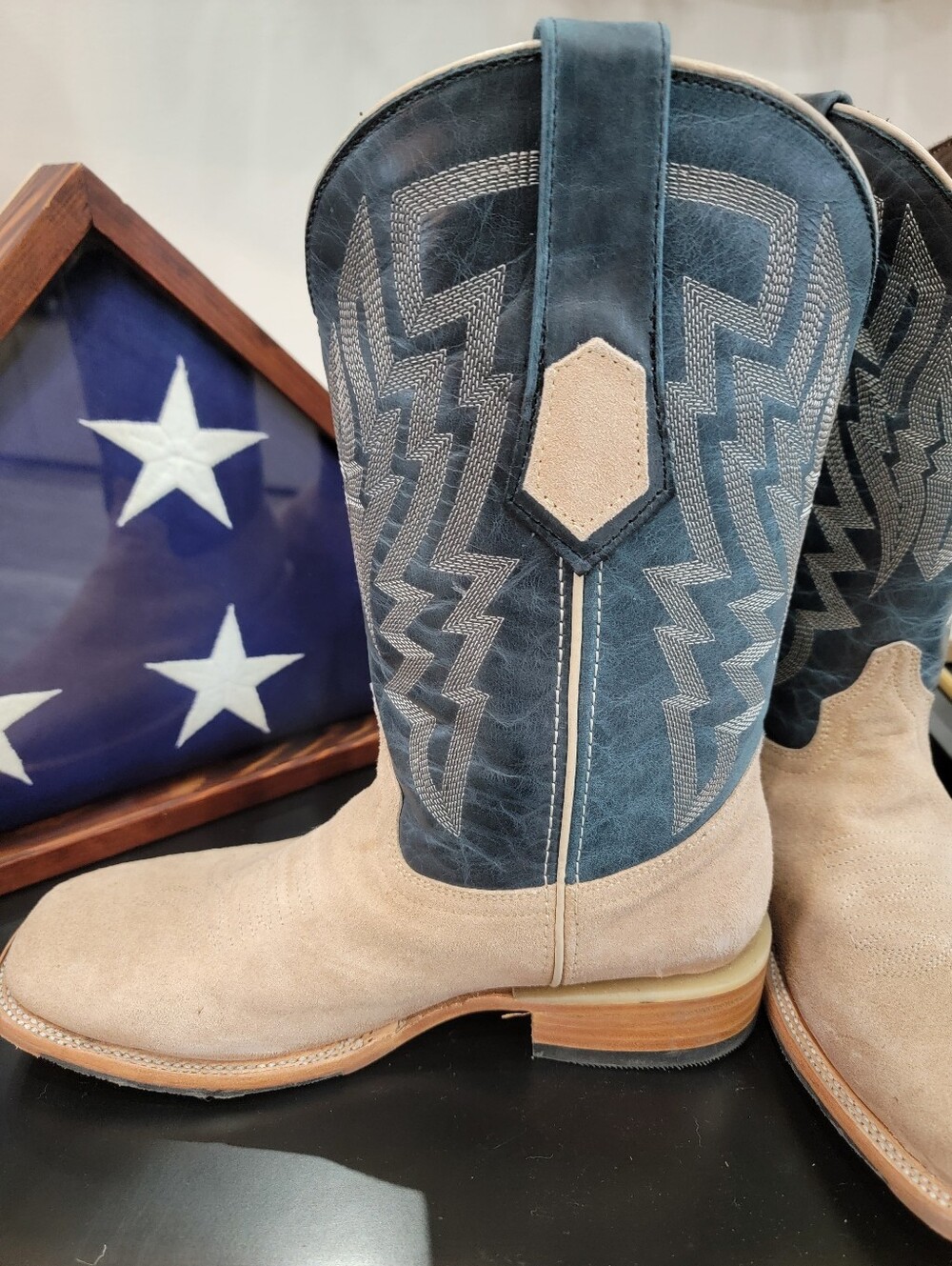 Rock'em Men's Roughout Suede Cowboy Boots Tan/Navy | Square Toe | 8.5 EE | New
